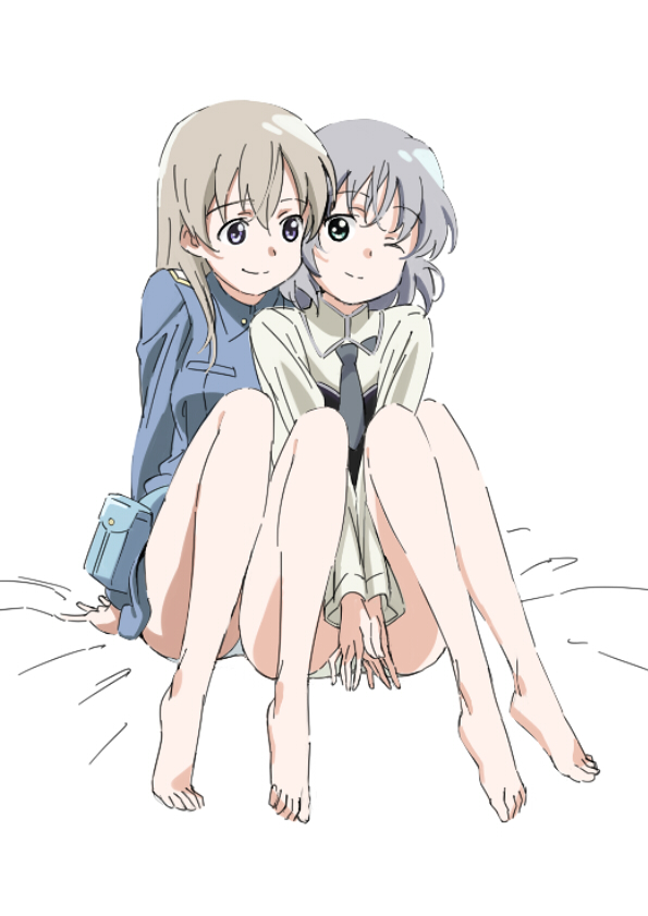 00s, 2girls, bad_id, bad_pixiv_id, banzai_nekomimi, barefoot, blonde_hair, blue_eyes
