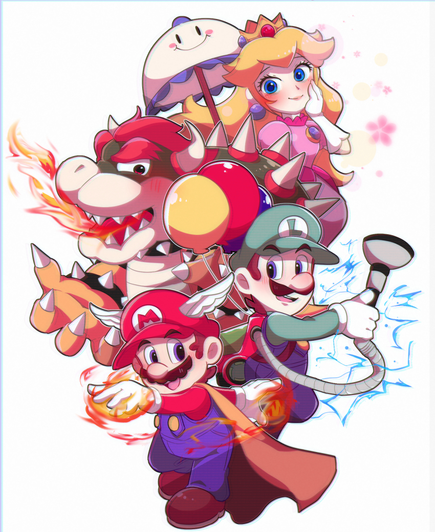 1girl, 3boys, balloon, blonde_hair, blue_eyes, bowser, brown_hair, cape