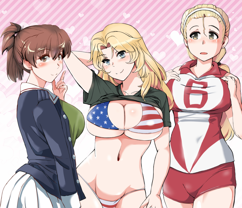 3girls, american_flag, american_flag_bikini, american_flag_print, bikini, blonde_hair, blue_eyes, blush