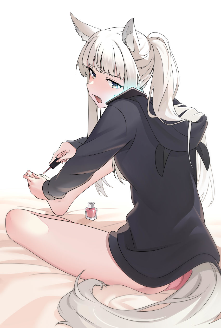 1girl, absurdres, alternate_costume, animal_ear_fluff, animal_ears, applying_pedicure, arknights, bare_legs