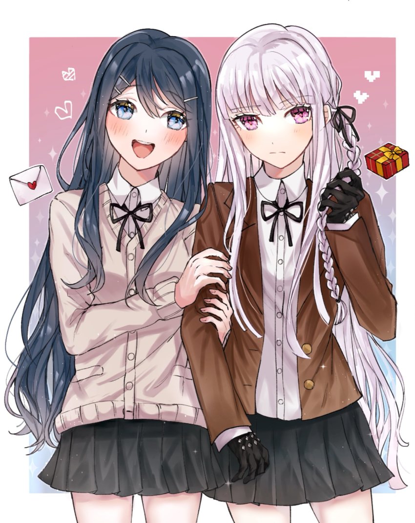 2girls, :d, alternate_costume, black_gloves, black_ribbon, black_skirt, blush, border