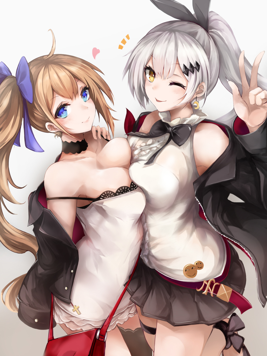 2girls, ;p, asymmetrical_docking, black_jacket, blonde_hair, blue_eyes, blush, bow