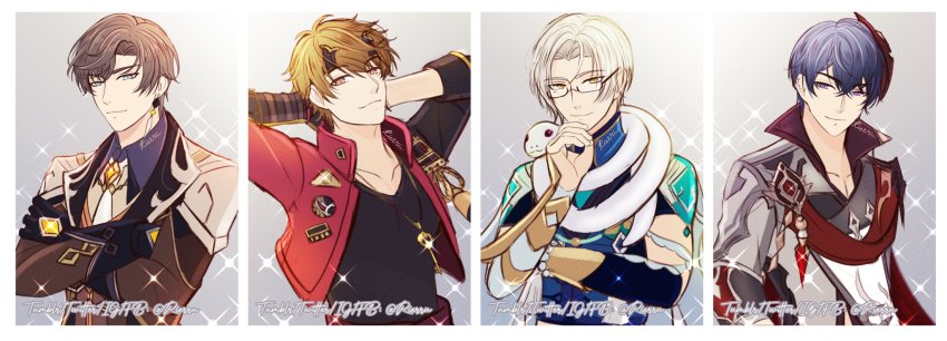 4boys, arms_behind_head, artem_wing_(tears_of_themis), asymmetrical_sleeves, black_gloves, black_shirt, black_sleeves, blue_eyes