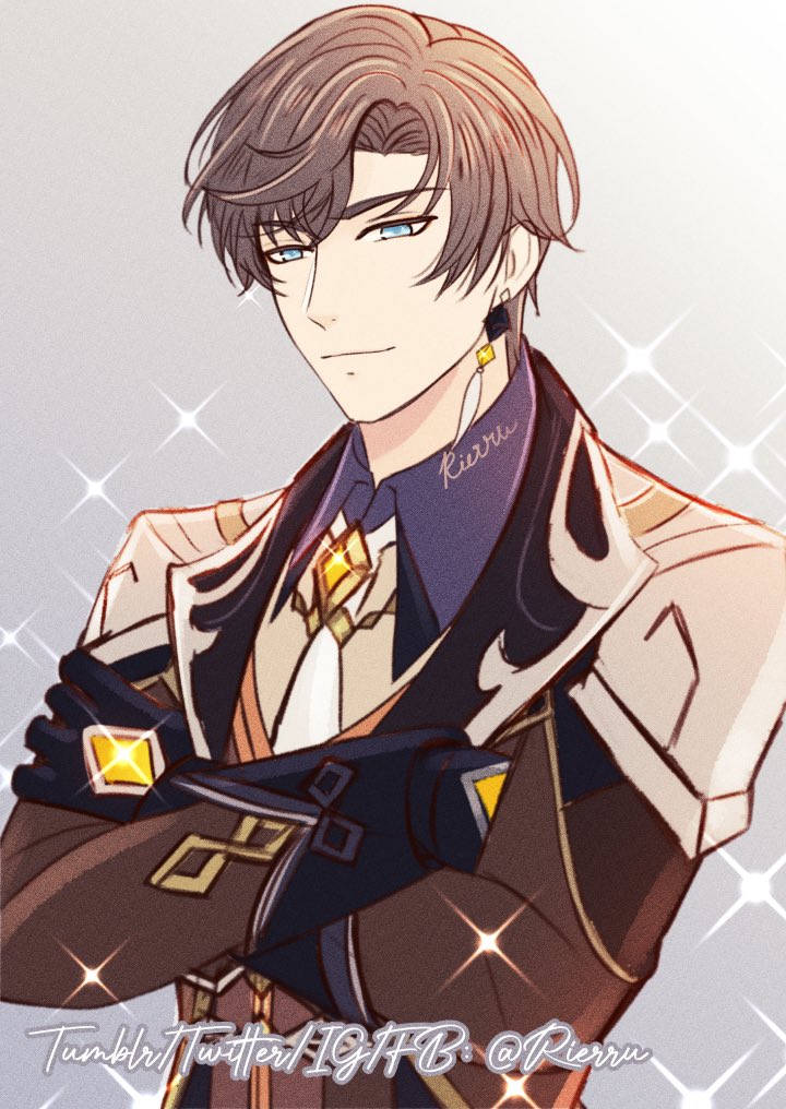 1boy, artem_wing_(tears_of_themis), black_gloves, blue_eyes, border, brown_coat, brown_hair, closed_mouth, coat, company_connection, cosplay, crossed_arms, crossover, earrings, genshin_impact, gloves, grey_background, jewelry, long_sleeves, looking_at_viewer, mihoyo, rierru, short_hair, single_earring, smile, solo, tears_of_themis, zhongli_(genshin_impact), zhongli_(genshin_impact)_(cosplay)