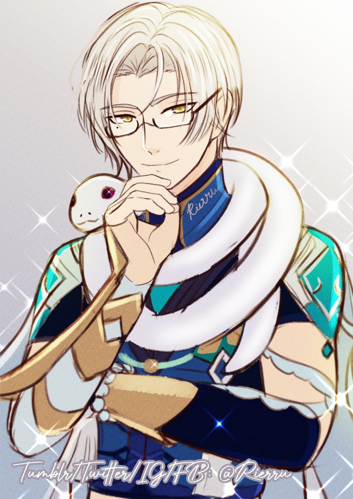 1boy, asymmetrical_sleeves, baizhu_(genshin_impact), baizhu_(genshin_impact)_(cosplay), black_sleeves, closed_mouth, company_connection, cosplay, genshin_impact, glasses, grey_background, hand_on_own_cheek, hand_on_own_face, looking_at_viewer, mihoyo, mismatched_sleeves, mole, mole_under_eye, rierru, short_hair, smile, snake, solo, tears_of_themis, vyn_richter_(tears_of_themis), white_hair, white_sleeves, yellow_eyes