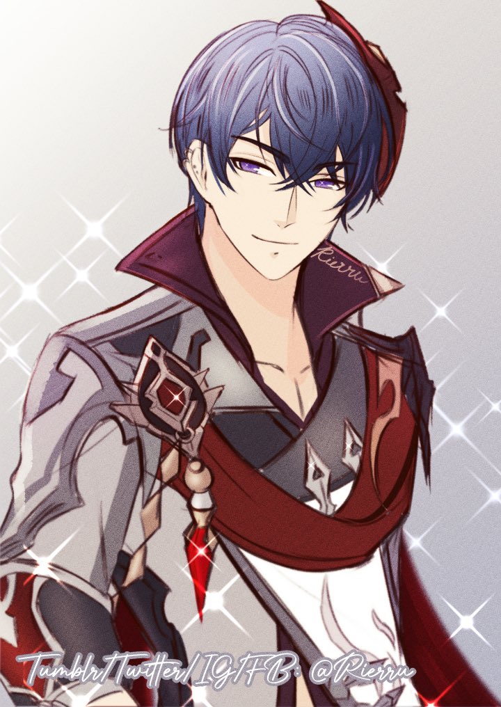 1boy, closed_mouth, company_connection, cosplay, genshin_impact, grey_background, grey_jacket, hair_between_eyes