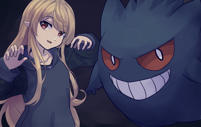 1am, absurdres, alternate_costume, black_background, black_hoodie, blonde_hair, brown_eyes, collarbone