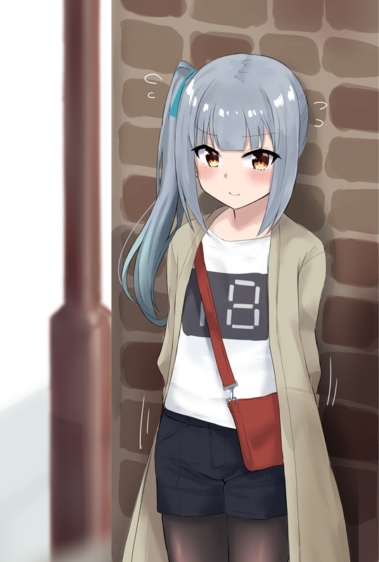 1girl, bag, black_pantyhose, black_shorts, brick_wall, brown_coat, brown_eyes, coat, commentary_request, cowboy_shot, grey_hair, kantai_collection, kasumi_(kancolle), kasumi_(kure)_(kancolle), long_hair, looking_at_viewer, official_alternate_costume, pantyhose, sasakura_(calicchio), shirt, shorts, side_ponytail, solo, white_shirt
