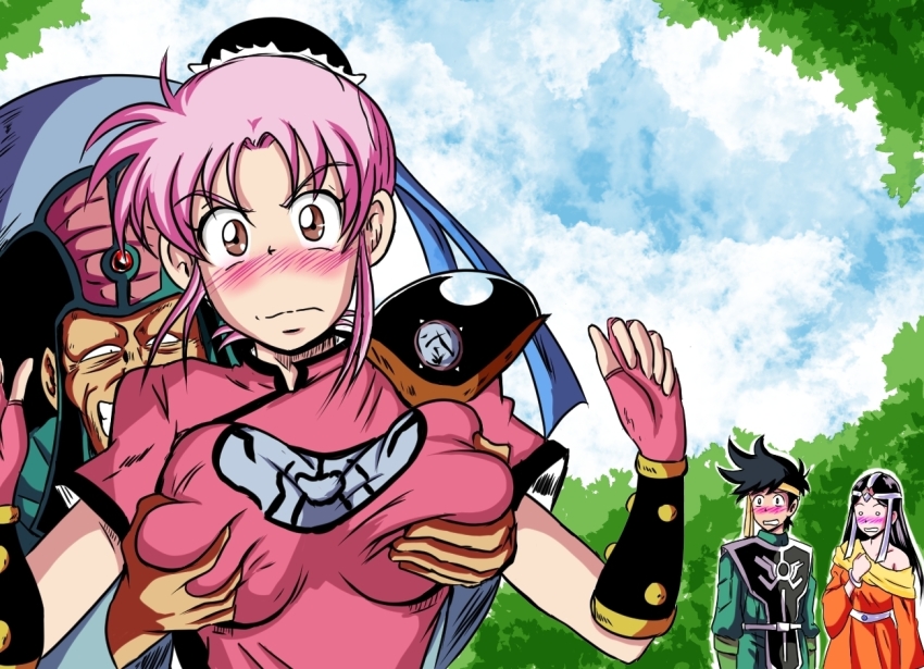 2boys, 2girls, age_difference, angry, annoyed, blush, breasts, brown_eyes