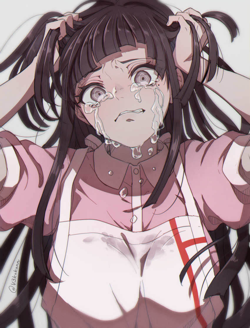 1girl, apron, arms_up, artist_name, bandages, blunt_bangs, breasts, crying