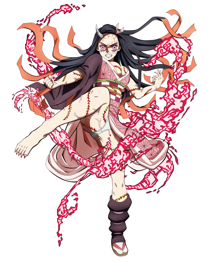 1girl, absurdres, barefoot, black_hair, demon_girl, dt501061, fingernails, highres, horns, kamado_nezuko, kamado_nezuko_(demon), kimetsu_no_yaiba, nail_polish, panties, purple_eyes, sharp_fingernails, sharp_toenails, simple_background, solo, spoilers, toenails, underwear, veins, white_background, white_panties