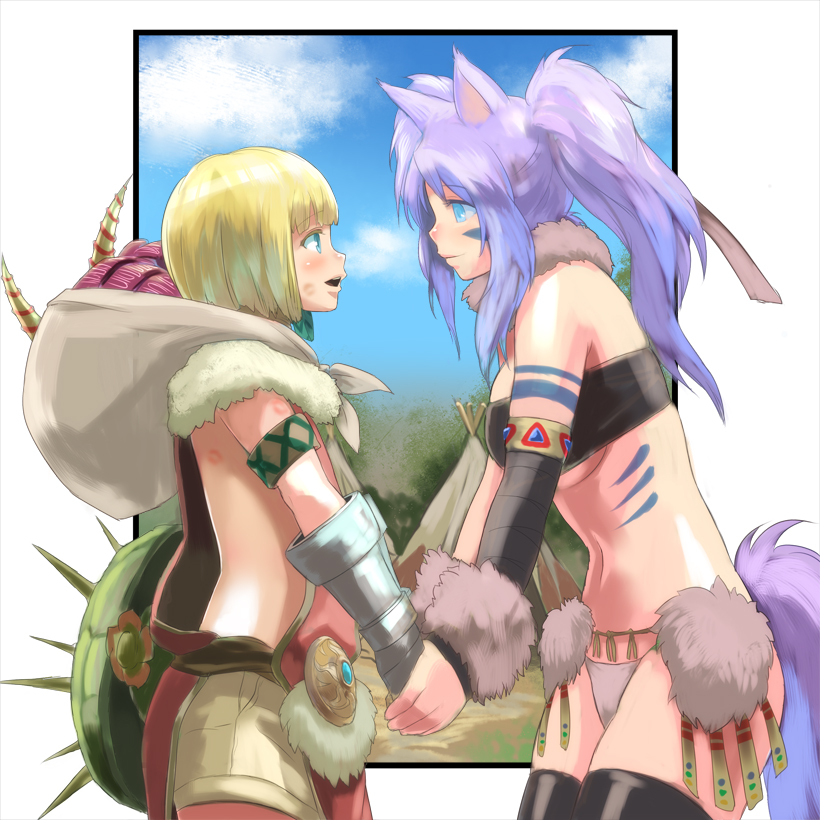1boy, 1girl, androgynous, animal_ears, bandeau, blonde_hair, blue_eyes, blush, breasts, elbow_gloves, gauntlets, gloves, holding_hands, hetero, iwaya, lipstick_mark, medium_breasts, multiple_girls, panties, pixiv_frontier, ponytail, purple_hair, shorts, small_breasts, strapless, tail, thighhighs, tube_top, underboob, underwear