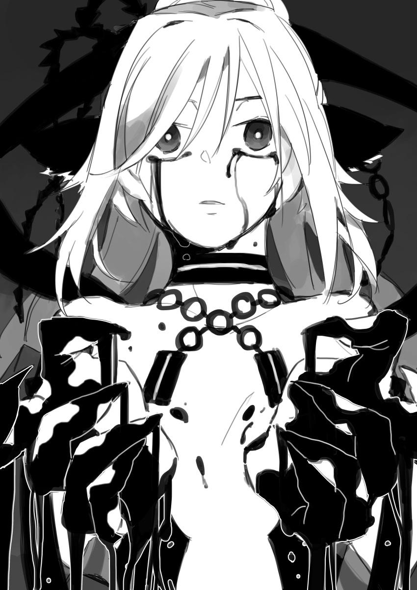 1girl, absurdres, animal_ears, aquaplus, arms_up, bare_shoulders, blood, blood_on_face, blood_on_hands, bloody_tears, chain, choker, collarbone, earrings, fainekokiti, greyscale, hair_between_eyes, hair_over_one_eye, high_ponytail, highres, jewelry, kuon_(utawarerumono), kuon_tenshi, long_hair, looking_up, messy_hair, monochrome, parted_lips, ponytail, rinne, sidelocks, sleeveless, solo, spoilers, swept_bangs, upper_body, utawarerumono, utawarerumono:_futari_no_hakuoro, utawarerumono:_lost_flag, very_long_hair, white_hair