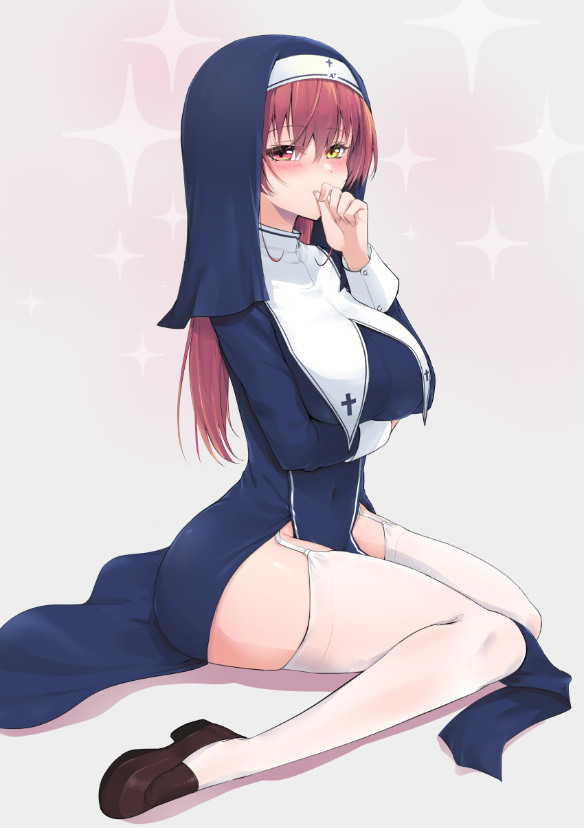 1girl, absurdres, alternate_costume, arm_under_breasts, blue_dress, blush, breast_curtains, breasts, brown_shoes, covered_navel, covering_own_mouth, dress, female_focus, fingernails, garter_straps, gradient_background, habit, heterochromia, highres, hololive, houshou_marine, houshou_marine_(nun), loafers, long_fingernails, long_hair, long_sleeves, looking_at_viewer, nun, pelvic_curtain, pink_background, red_eyes, red_hair, shoes, sitting, solo, sparkle, thighhighs, virtual_youtuber, wariza, white_thighhighs, yellow_eyes, zooanime
