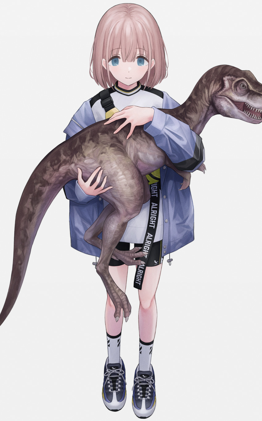 1girl, anachronism, animal, black_shoes, black_shorts, blue_eyes, blue_jacket, dinosaur