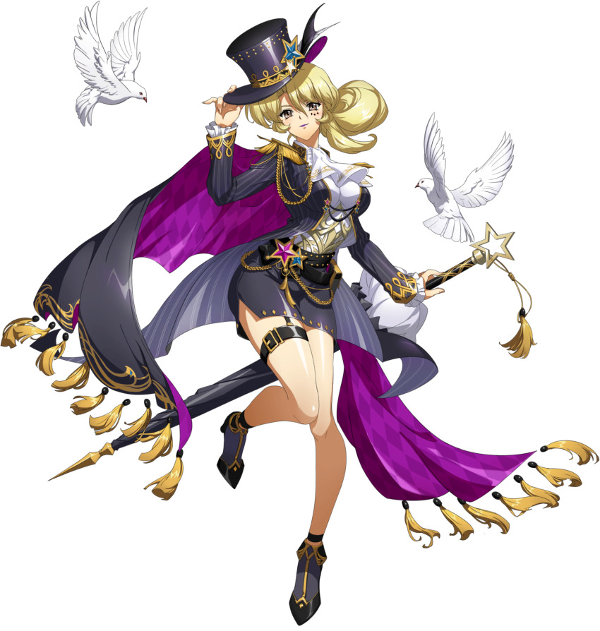 ascot, bird, black_hat, blonde_hair, brenda_(langrisser), brown_eyes, cape, closed_mouth