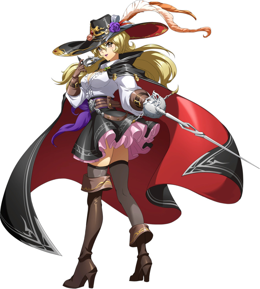 1girl, asymmetrical_legwear, black_cape, black_hat, black_skirt, blonde_hair, boots, bow