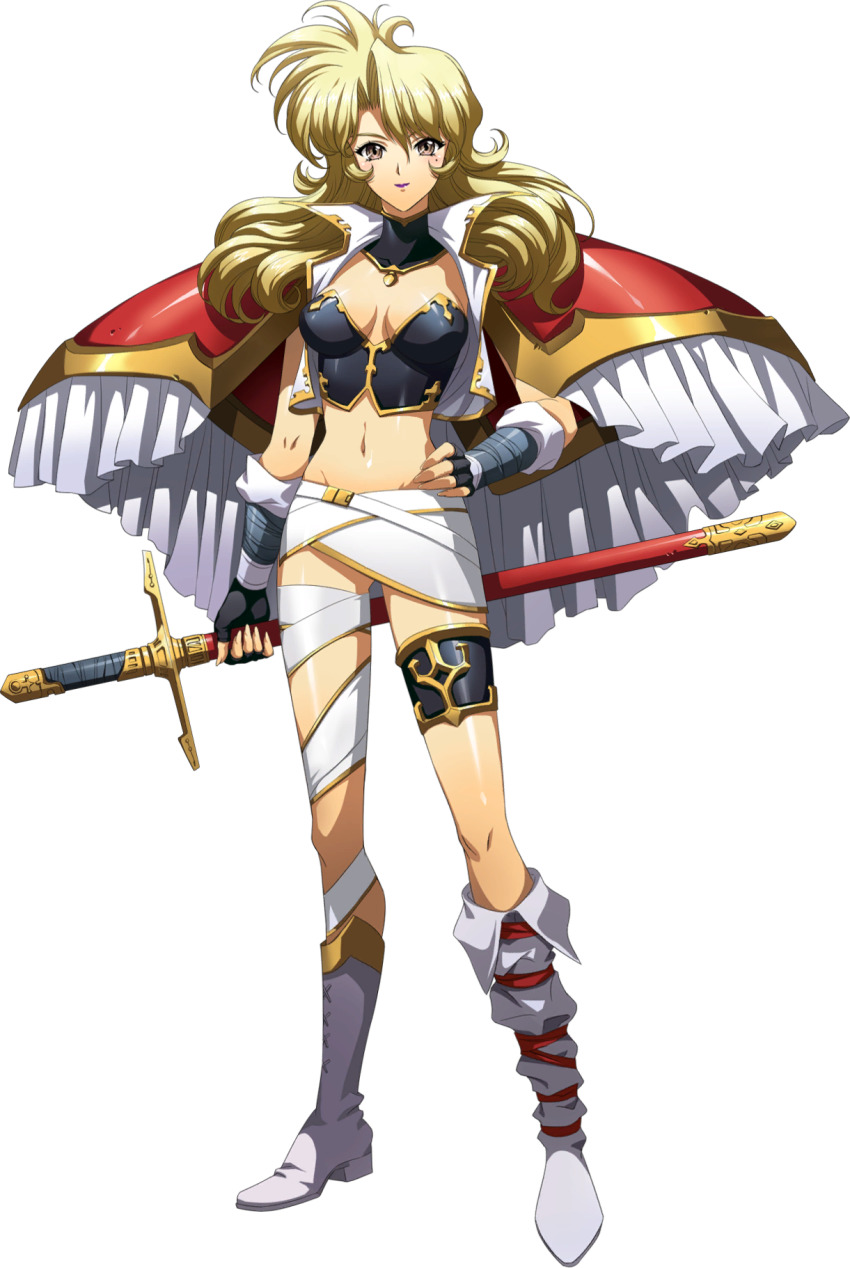 1girl, armor, asymmetrical_legwear, black_choker, black_gloves, blonde_hair, boots, breasts, brenda_(langrisser), brown_eyes, choker, cleavage, crop_top, fingerless_gloves, floating_hair, full_body, gloves, groin, hand_on_own_hip, highres, holding, holding_sheath, knee_boots, langrisser, langrisser_mobile, langrisser_v, long_hair, looking_at_viewer, medium_breasts, midriff, miniskirt, mole, mole_under_eye, navel, official_art, pauldrons, purple_lips, sheath, sheathed, shoulder_armor, skirt, solo, standing, stomach, sword, transparent_background, weapon, white_boots, white_skirt