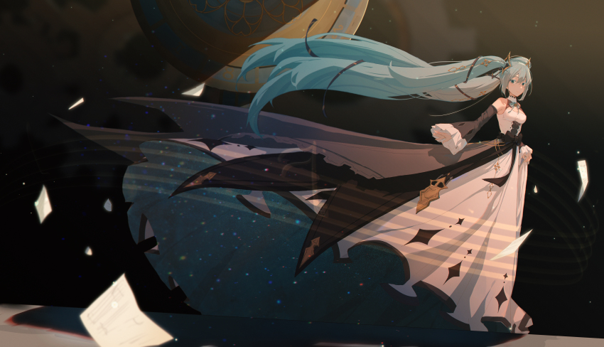 1girl, absurdres, aqua_eyes, aqua_hair, bell, black_bow, black_ribbon, black_sleeves