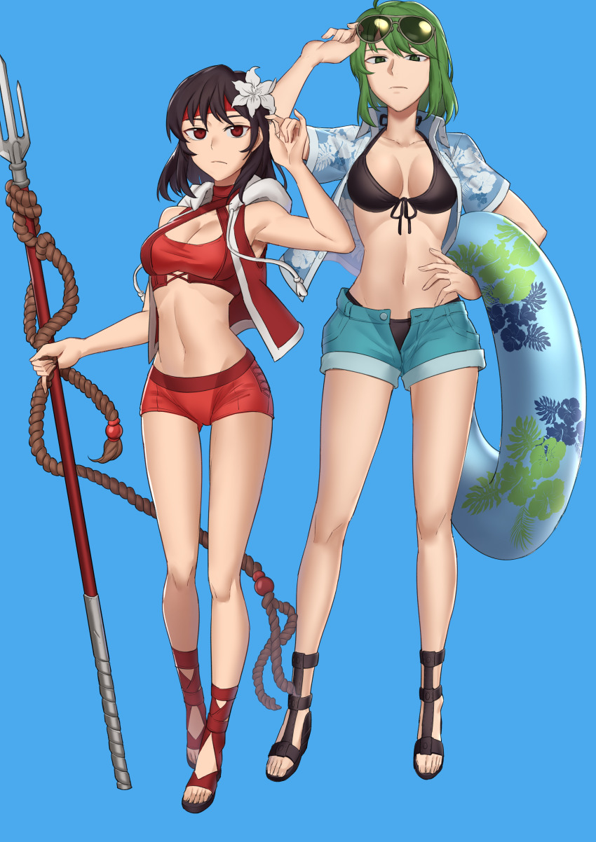 2girls, absurdres, alternate_costume, bikini, bikini_under_clothes, black_bikini, black_hair, blue_background, breasts, breasts_apart, cleavage, collarbone, ebinku, eda_(fire_emblem), eyewear_on_head, fire_emblem, fire_emblem:_thracia_776, floral_print, flower, green_eyes, green_hair, groin, hair_flower, hair_ornament, headband, highres, holding, holding_polearm, holding_weapon, innertube, looking_at_viewer, looking_down, medium_breasts, medium_hair, misha_(fire_emblem), multiple_girls, navel, nintendo, open_clothes, open_fly, open_shirt, open_shorts, polearm, red_bikini, red_eyes, sandals, serious, shirt, short_hair, short_shorts, shorts, side-tie_bikini_bottom, simple_background, sunglasses, swim_ring, swimsuit, trident, unbuttoned, weapon