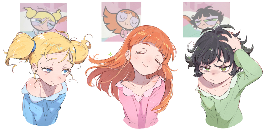 3girls, :>, =_=, bags_under_eyes, bare_shoulders, black_hair, blonde_hair, blossom_(ppg)
