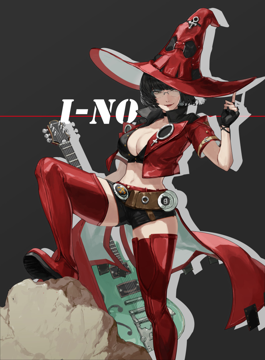 1girl, absurdres, belt, black_gloves, black_hair, black_shorts, bob_cut, boots, breasts, carol0905, character_name, choker, cleavage, crop_top, electric_guitar, fingerless_gloves, glasses, gloves, guilty_gear, guilty_gear_strive, guitar, hat, highres, i-no, instrument, large_breasts, lipstick, looking_to_the_side, makeup, midriff, mole, mole_under_eye, navel, red_boots, red_thighhighs, shaded_face, short_shorts, short_sleeves, shorts, smile, solo, thighhighs, thighs, witch_hat