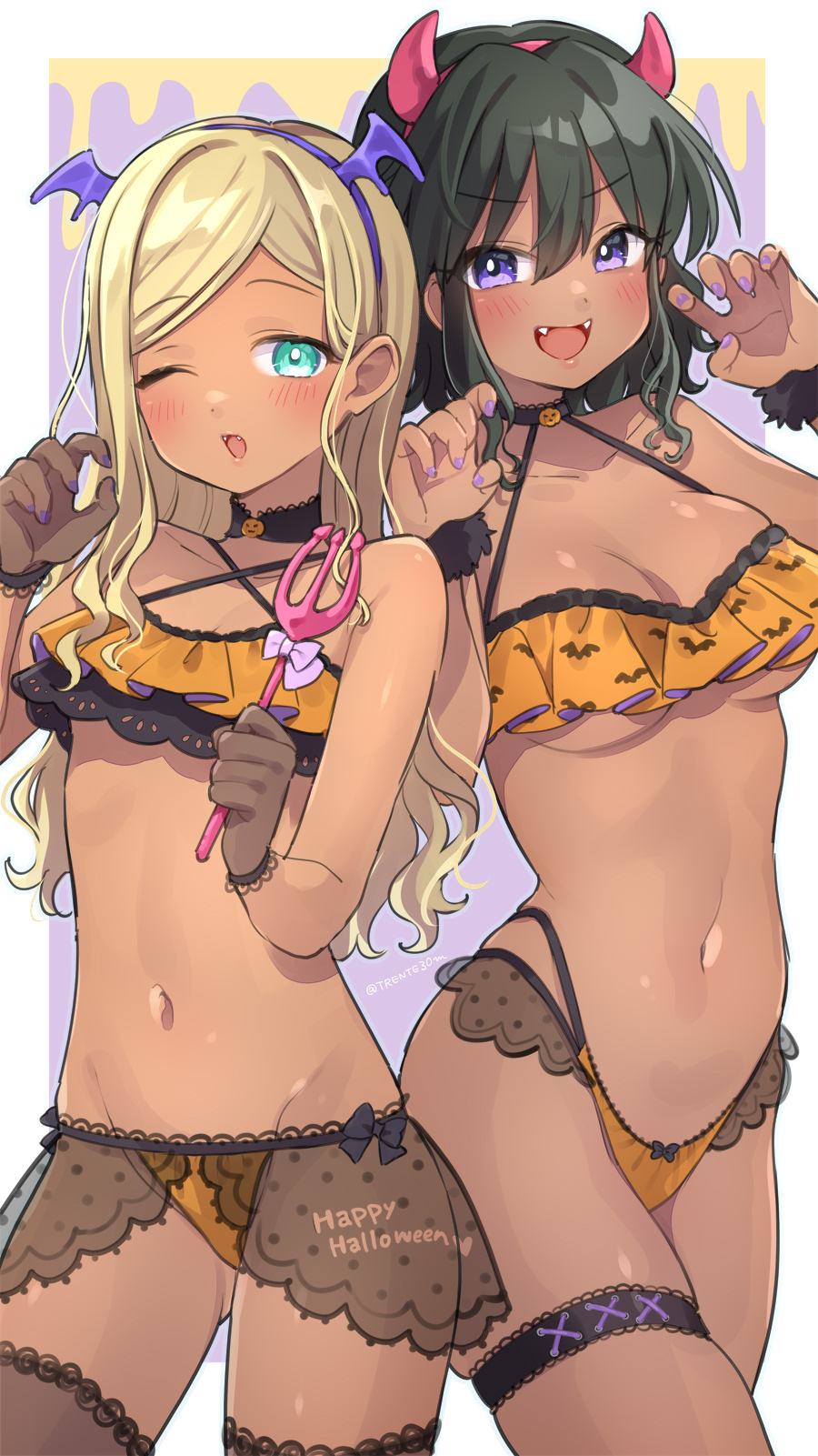 2girls, animal_print, aqua_eyes, bat_print, black_choker, black_gloves, black_hair, black_legwear