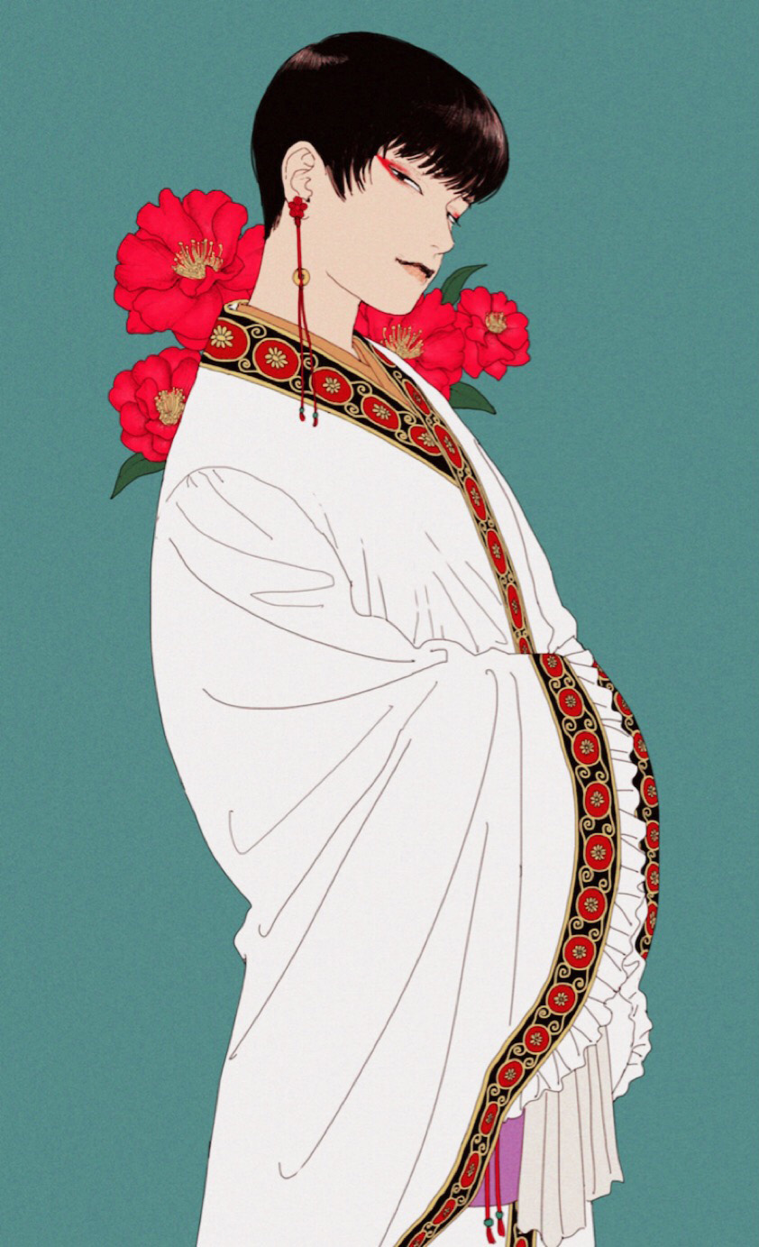 1boy, beads, black_hair, blue_background, chinese_clothes, earrings, eyeshadow, flower, from_side, hakutaku_(hoozuki_no_reitetsu), unworn_headwear, highres, hoozuki_no_reitetsu, jewelry, lips, looking_at_viewer, makeup, own_hands_together, red_eyeshadow, robe, short_hair, smile, tassel, tassel_earrings, wymaaa