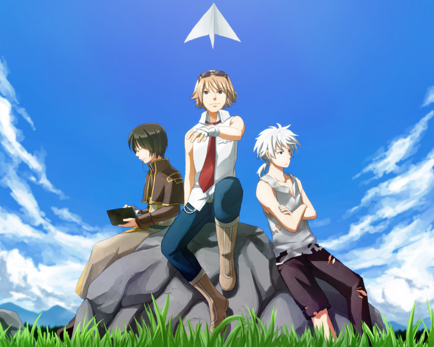3boys, alexander_digotz, benkaistein, black_hair, black_pants, blonde_hair, blue_pants, blue_sky, book, boots, brown_capelet, brown_eyes, brown_footwear, brown_pants, brown_shirt, capelet, closed_eyes, closed_mouth, cloud, collared_shirt, commentary_request, crossed_arms, day, eyewear_on_head, full_body, grass, grey_shirt, grey_tank_top, holding, holding_book, looking_afar, looking_at_viewer, maku_(ragnarok_online), monocle, multiple_boys, natsuya_(kuttuki), necktie, outdoors, pants, paper_airplane, ponytail, ragnarok_online, red_necktie, rock, shirt, short_hair, short_ponytail, sitting, sky, sleeveless, sleeveless_shirt, smile, sunglasses, tank_top, torn_clothes, torn_pants, white_hair, white_shirt