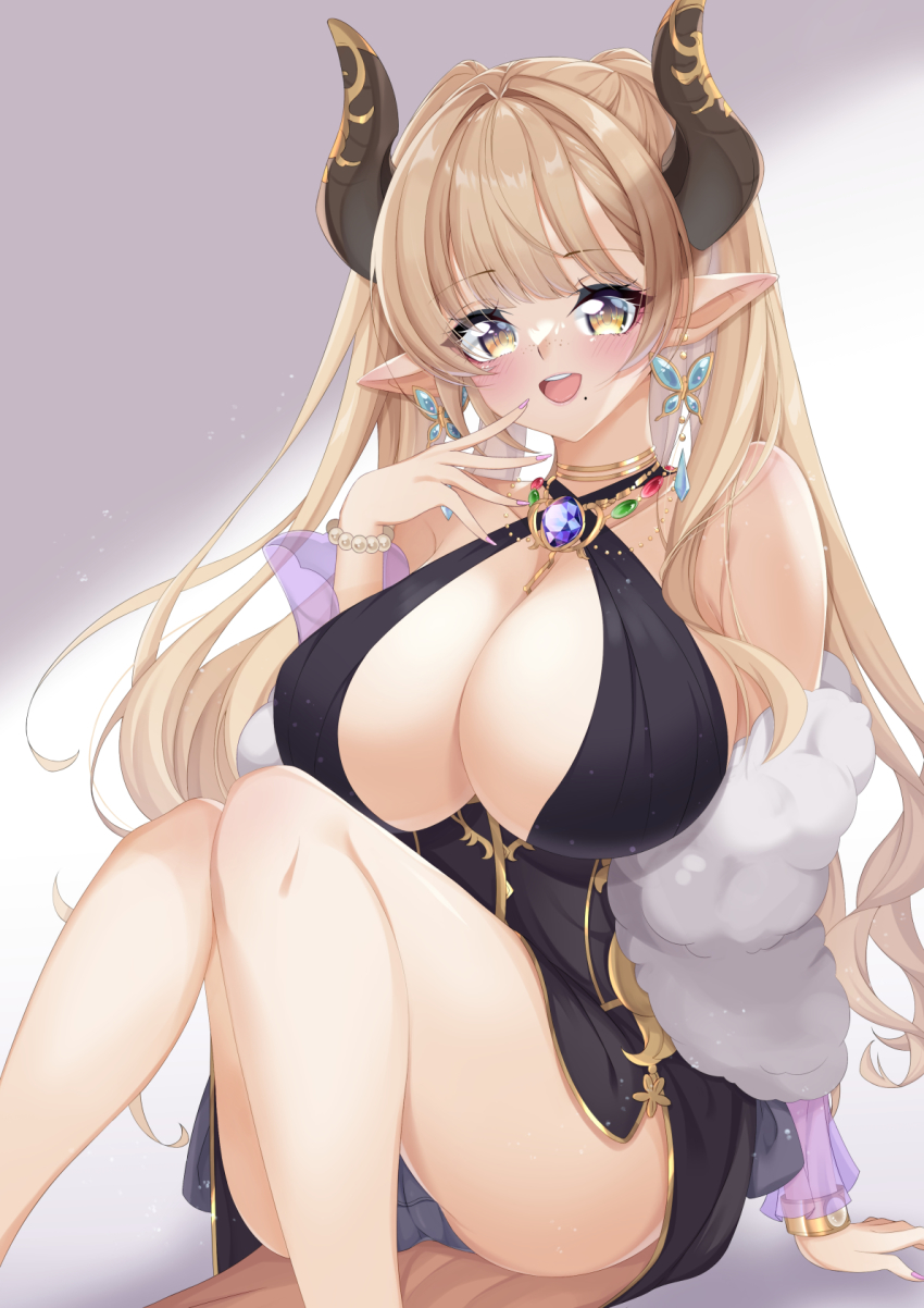 1girl, :d, alba_(granblue_fantasy), black_dress, black_panties, blonde_hair, blush, bracelet