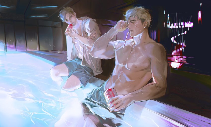 2boys, abs, blonde_hair, blue_male_swimwear, coca-cola, commentary_request, drinking_straw, highres