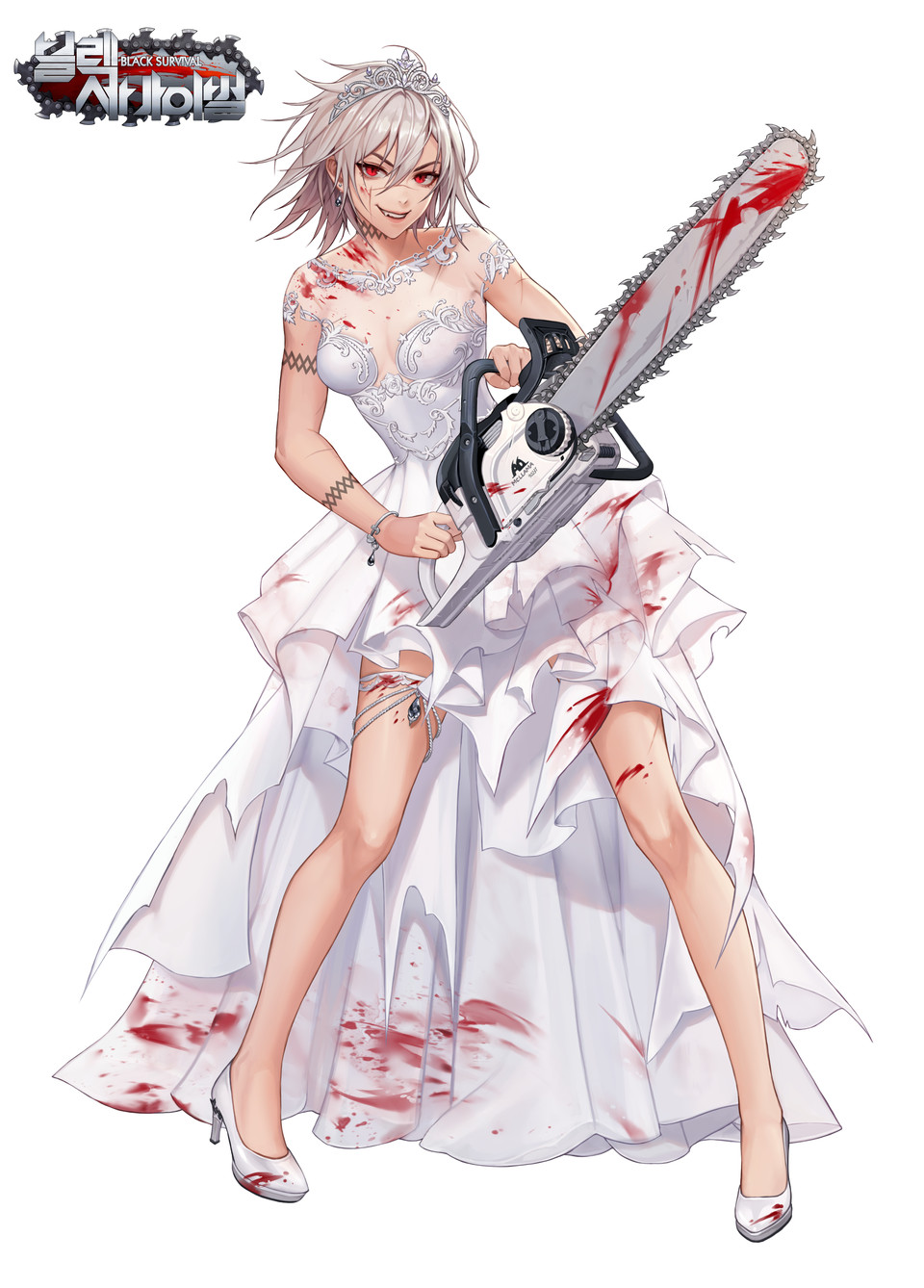 11ama, 1girl, black_survival, blood, blood_on_clothes, blood_on_face, bloody_weapon, bracelet
