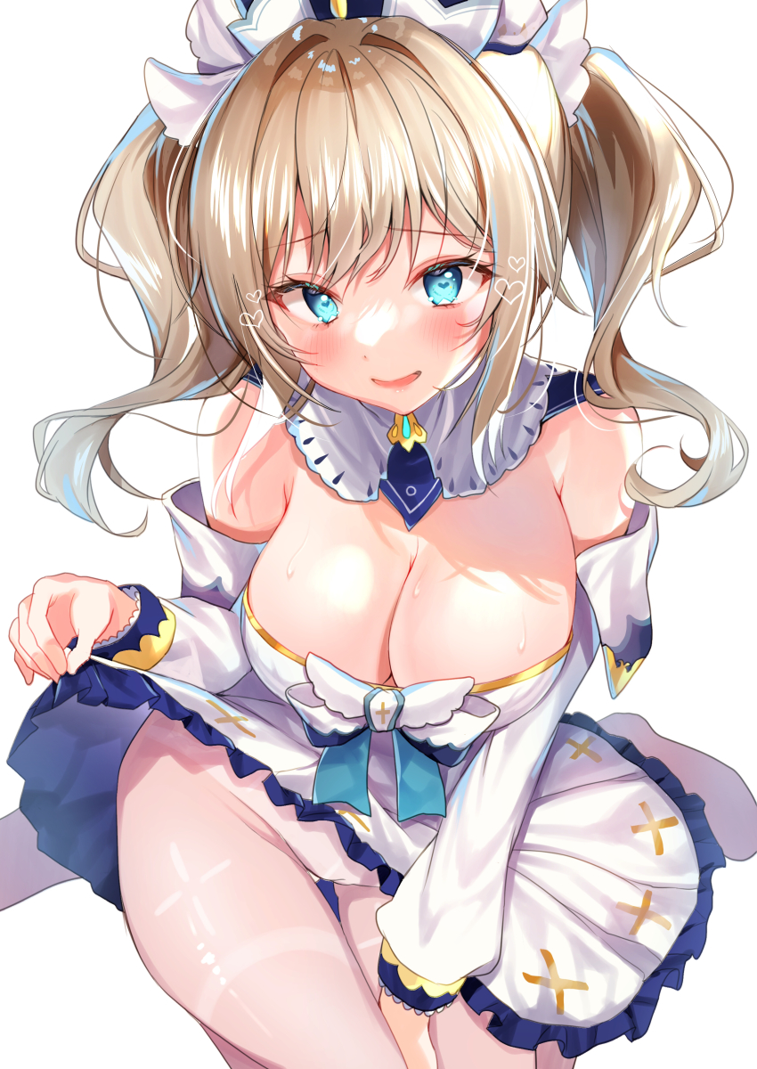 1girl, absurdres, barbara_(genshin_impact), bare_shoulders, blonde_hair, blue_eyes, blush, breasts, cleavage, detached_collar, detached_sleeves, dress, genshin_impact, highres, long_hair, looking_at_viewer, medium_breasts, nenobi_(nenorium), open_mouth, pantyhose, smile, solo, thighs, twintails, white_dress, white_headwear, white_pantyhose