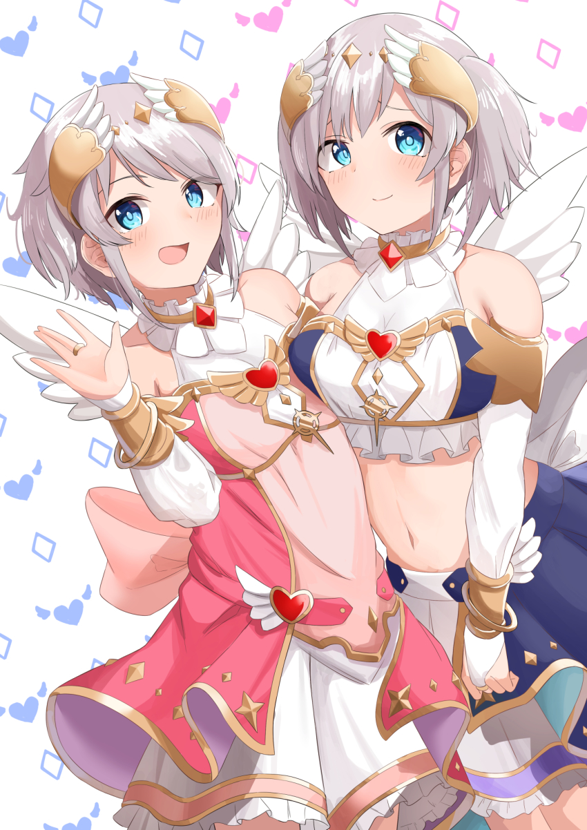 2girls, akari_(princess_connect!), angel_wings, blush, breasts, grey_hair, highres, large_breasts