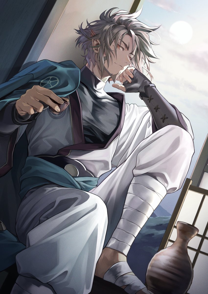 1boy, absurdres, aquaplus, arm_on_knee, beard, brown_eyes, brown_hair, cape