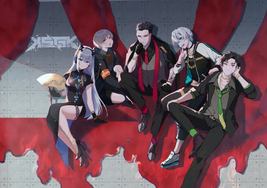 1girl, 4boys, animal_ear_headphones, animal_ears, armband, black_coat, black_dress, black_footwear