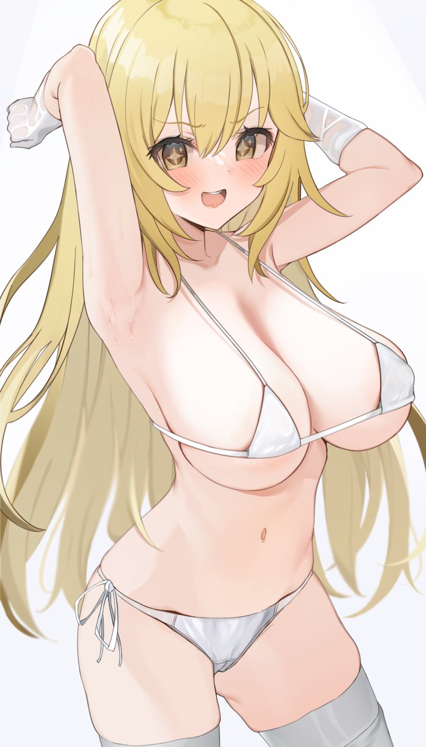 +_+, 1girl, absurdres, amrita_(amber78gou), armpits, arms_up, bare_shoulders, bikini, blonde_hair, blush, breasts, brown_eyes, cleavage, collarbone, elbow_gloves, female_focus, gloves, highres, large_breasts, long_hair, looking_at_viewer, navel, open_mouth, shokuhou_misaki, smile, solo, swimsuit, thighhighs, thighs, toaru_kagaku_no_railgun, toaru_majutsu_no_index, white_bikini, white_gloves, white_thighhighs