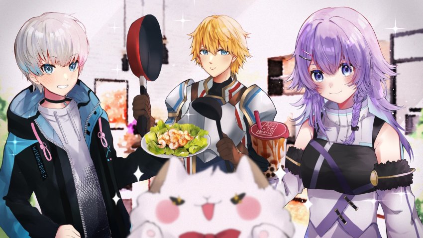 1girl, 2boys, armor, black_jacket, blue_hair, bobsappaim, braid, brown_gloves, bubble_tea, cat, character_name, colored_inner_hair, cup, detached_sleeves, eating, ex_albio, frying_pan, gloves, gradient_hair, highres, holding, holding_cup, holding_frying_pan, holding_plate, hood, hooded_jacket, jacket, knight, long_hair, looking_at_viewer, multicolored_hair, multiple_boys, nijisanji, nijisanji_kr, nun_bora, nun_bora_(1st_costume), okota_nijiso05, original, pink_hair, plate, purple_hair, side_braid, silver_hair, sleeveless, sleeveless_jacket, smile, virtual_youtuber, white_jacket