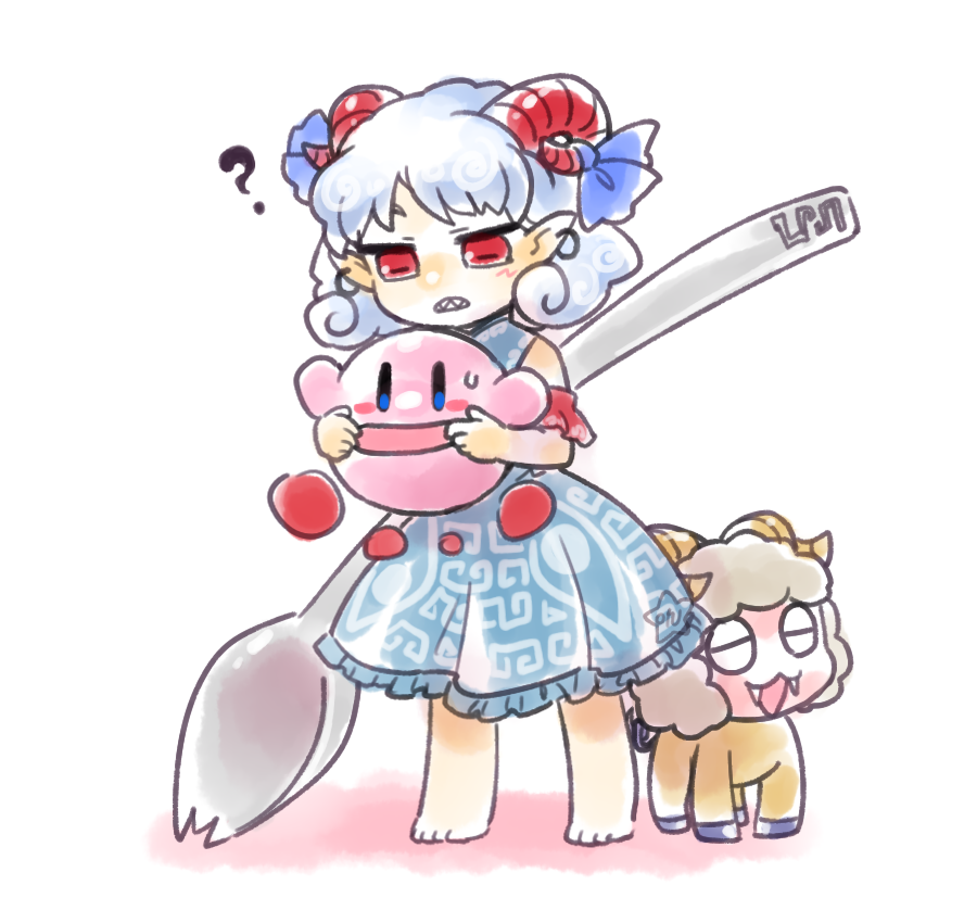 1boy, 1girl, ?, bare_shoulders, barefoot, black_eyes, blue_dress, blue_eyes, blue_ribbon, closed_mouth, colored_skin, dress, earrings, fang, fangs, hands_up, horns, jewelry, kirby, kirby_(series), looking_at_another, looking_to_the_side, meandros, nintendo, off_shoulder, open_mouth, orusuta961, pink_skin, pointy_ears, red_eyes, ribbon, sharp_teeth, short_hair, short_sleeves, silver_hair, spoon, standing, teeth, touhou, toutetsu_yuuma, weapon, wide_sleeves