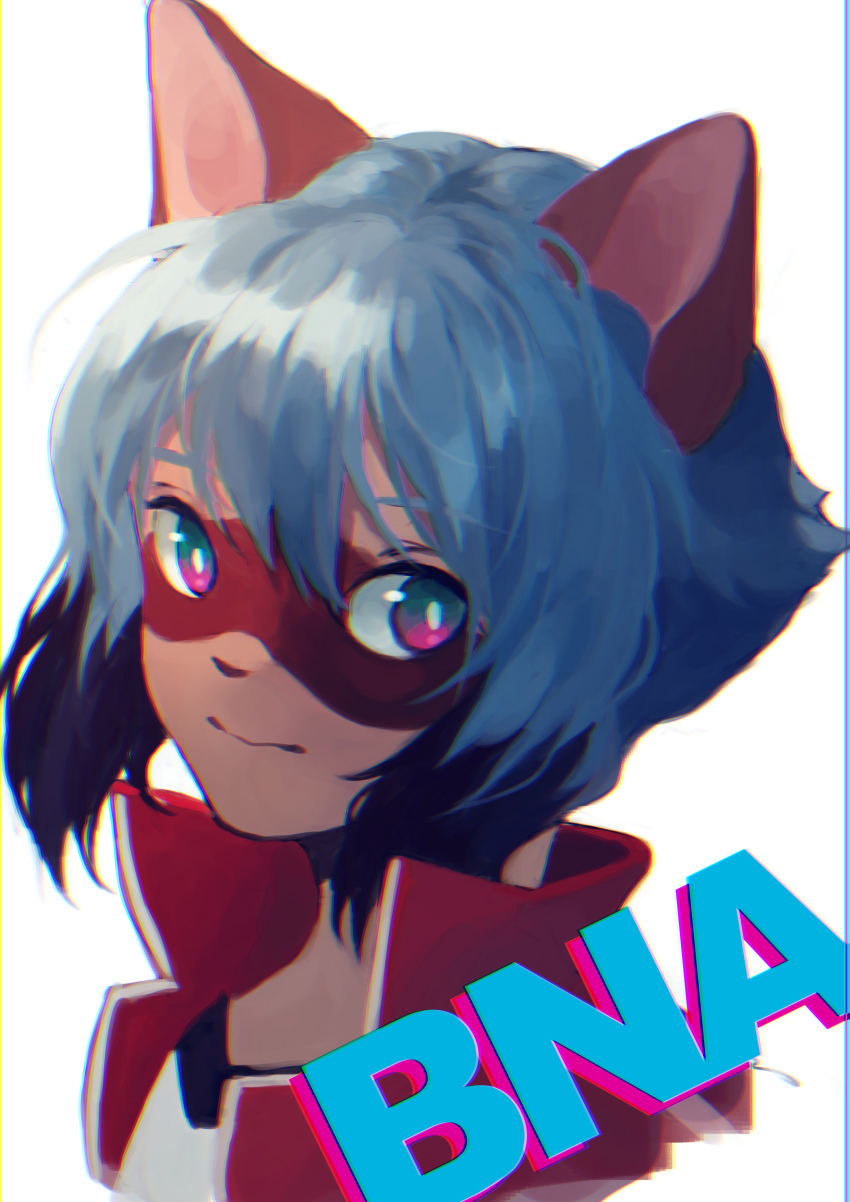 1girl, absurdres, animal_ears, aqua_eyes, blue_hair, brand_new_animal, bright_pupils, brown_fur, coat, female_focus, furry, furry_female, highres, kagemori_michiru, looking_to_the_side, mayumochini, multicolored_eyes, open_clothes, open_coat, pink_eyes, portrait, raccoon_ears, raccoon_girl, red_coat, shirt, short_hair, sidelocks, solo, two-tone_fur, upper_body, white_pupils, white_shirt