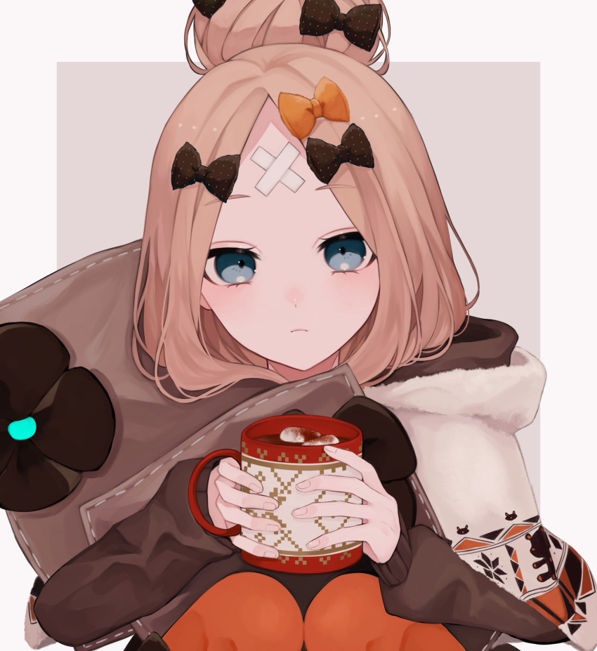 1girl, abigail_williams_(fate), abigail_williams_(winter_caravan_online_2021)_(fate), bandaid, bandaid_on_face, bandaid_on_forehead, blonde_hair, blue_eyes