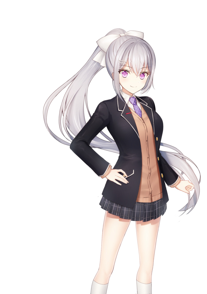 1girl, black_jacket, black_skirt, bow, caopy123, cardigan, closed_mouth, floating_hair, hair_between_eyes, hair_bow, hair_ornament, hairclip, high_ponytail, highres, higuchi_kaede, higuchi_kaede_(1st_costume), jacket, kneehighs, long_hair, miniskirt, necktie, nijisanji, open_clothes, open_jacket, pink_eyes, plaid_clothes, plaid_necktie, plaid_skirt, pleated_skirt, ponytail, purple_necktie, school_uniform, silver_hair, simple_background, skirt, smile, socks, solo, standing, very_long_hair, virtual_youtuber, white_background, white_bow, white_socks