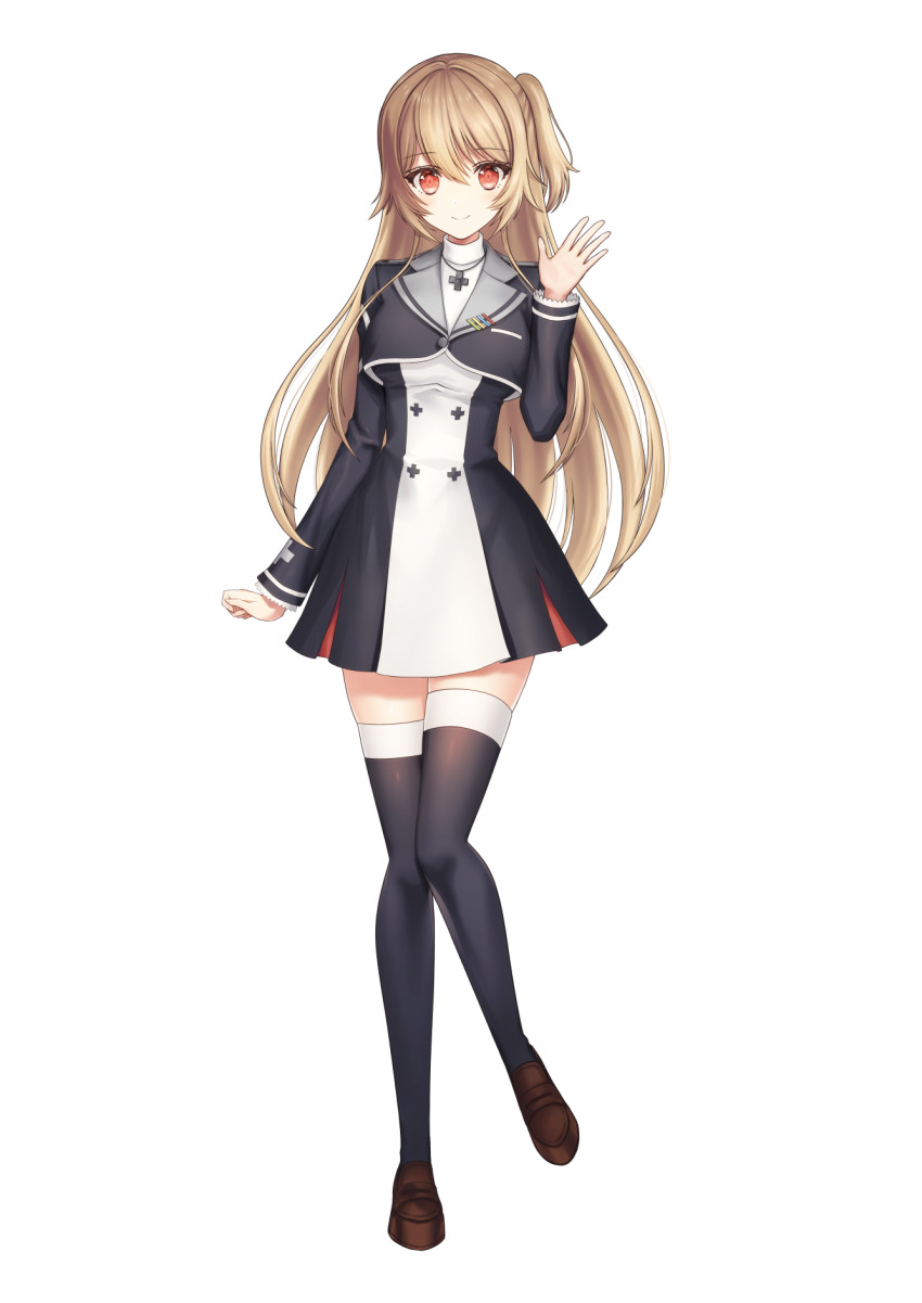 1girl, black_thighhighs, blonde_hair, brown_footwear, caopy123, closed_mouth, cross, cross_necklace