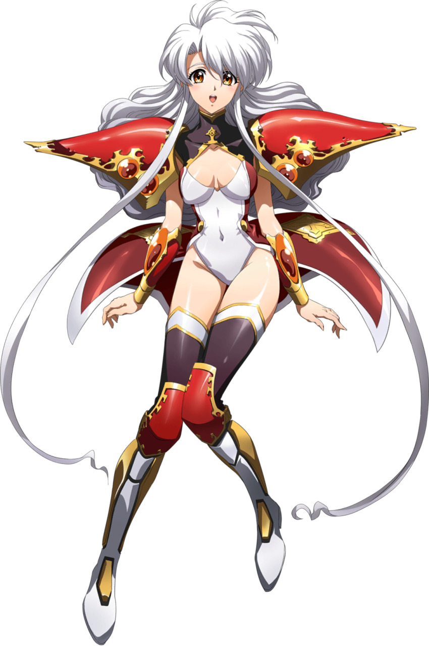 1girl, :d, armor, armored_boots, asymmetrical_bangs, black_legwear, blush, boots