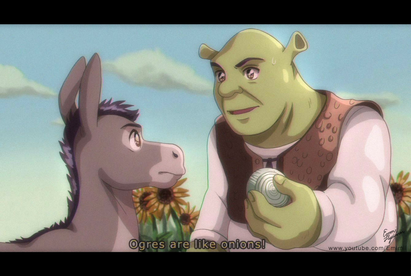 1990s_(style), 2boys, animification, artist_name, bald, blue_sky, brown_eyes, brown_vest, commentary, day, donkey, donkey_(shrek), emimi, english_commentary, english_text, flower, food, holding, holding_food, letterboxed, long_sleeves, male_focus, mike_myers, multiple_boys, onion, open_mouth, retro_artstyle, shirt, shrek, shrek_(series), shrek_1, signature, sky, subtitled, sunflower, upper_body, vest, watermark, web_address, white_shirt