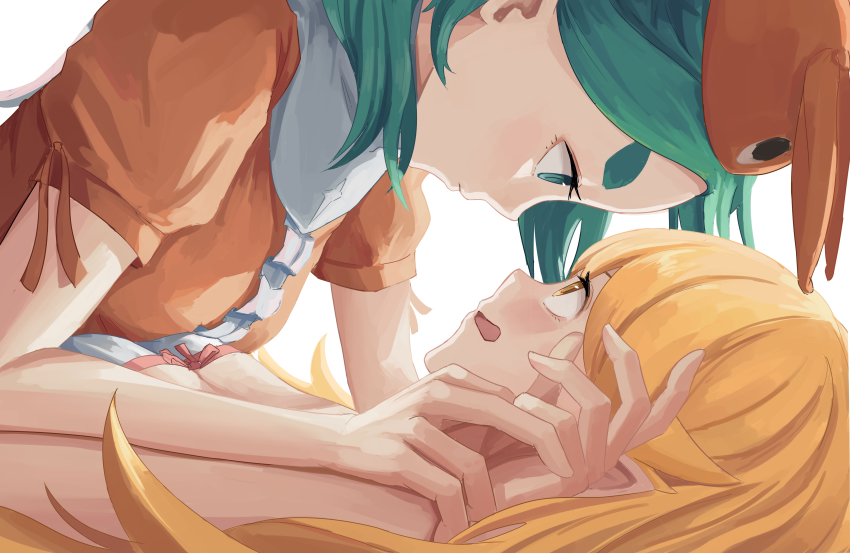 2girls, absurdres, aqua_eyes, aqua_hair, bakemonogatari, blonde_hair, blush, breasts, cleavage, closed_mouth, expressionless, eye_contact, female_focus, girl_on_top, googly_eyes, hand_grab, hat, highres, holding_hands, long_hair, looking_at_another, lying, medium_hair, monogatari_(series), multiple_girls, nemo_ringo, nisemonogatari, on_back, ononoki_yotsugi, open_mouth, orange_headwear, orange_shirt, oshino_shinobu, puffy_short_sleeves, puffy_sleeves, ribbon, shirt, short_sleeves, simple_background, small_breasts, thick_eyebrows, white_background, white_shirt, yellow_eyes, yuri