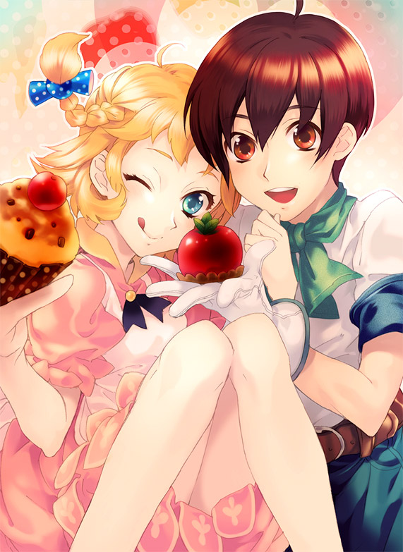 1boy, 1girl, :d, ahoge, akiyoshi_haru, apple, belt, blonde_hair