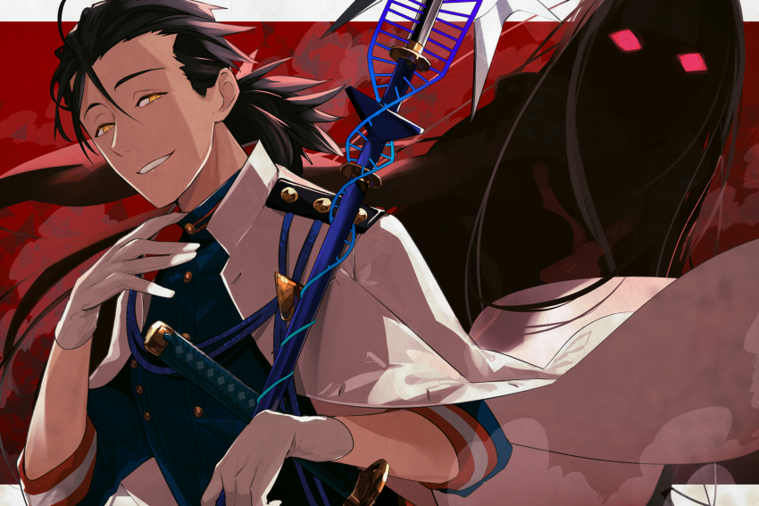 1boy, 1girl, black_hair, fate/grand_order, fate_(series), gloves, glowing, glowing_eyes, hidden_face, highres, jacket, jacket_on_shoulders, katana, long_hair, low_ponytail, oryou_(fate), polearm, ponytail, sakamoto_ryouma_(fate), sakamoto_ryouma_(lancer)_(second_ascension)_(fate), spear, sword, tia_(cocorosso), weapon, white_gloves