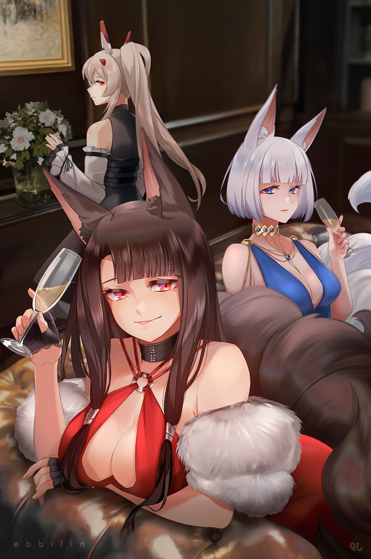 3girls, akagi_(azur_lane), akagi_(ruby-laced_beauty)_(azur_lane), alcohol, animal_ears, ayanami_(azur_lane), ayanami_(nightfall_raiment)_(azur_lane), azur_lane