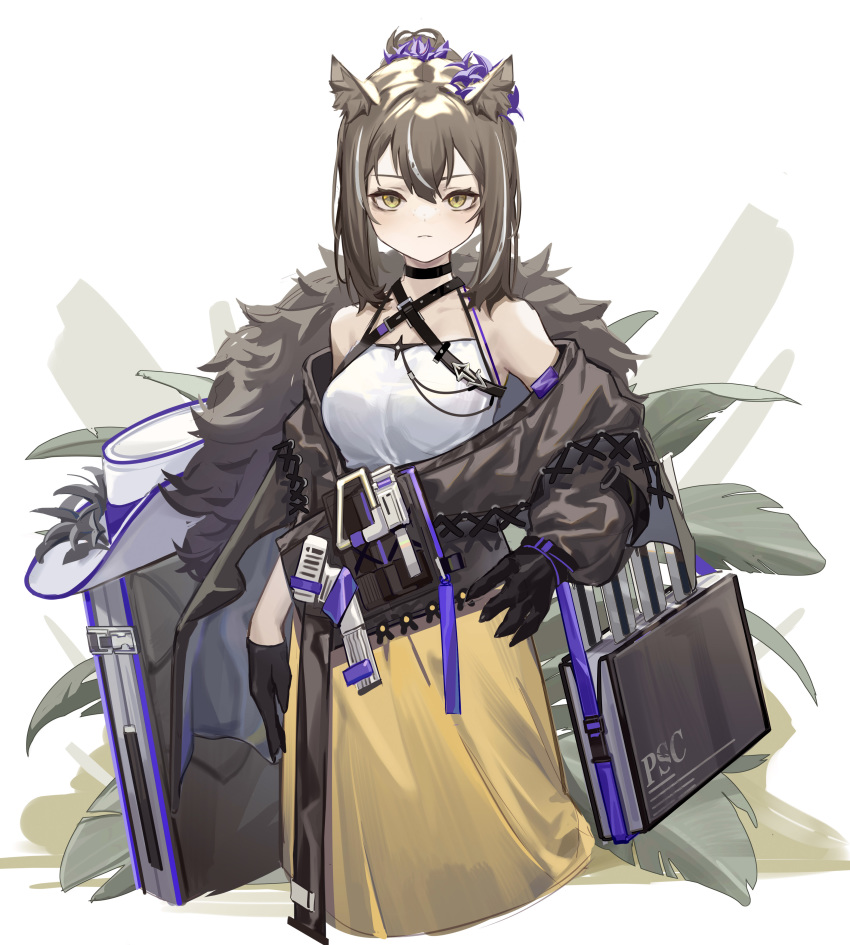 1girl, absurdres, animal_ear_fluff, animal_ears, arknights, bag, bare_shoulders, belt